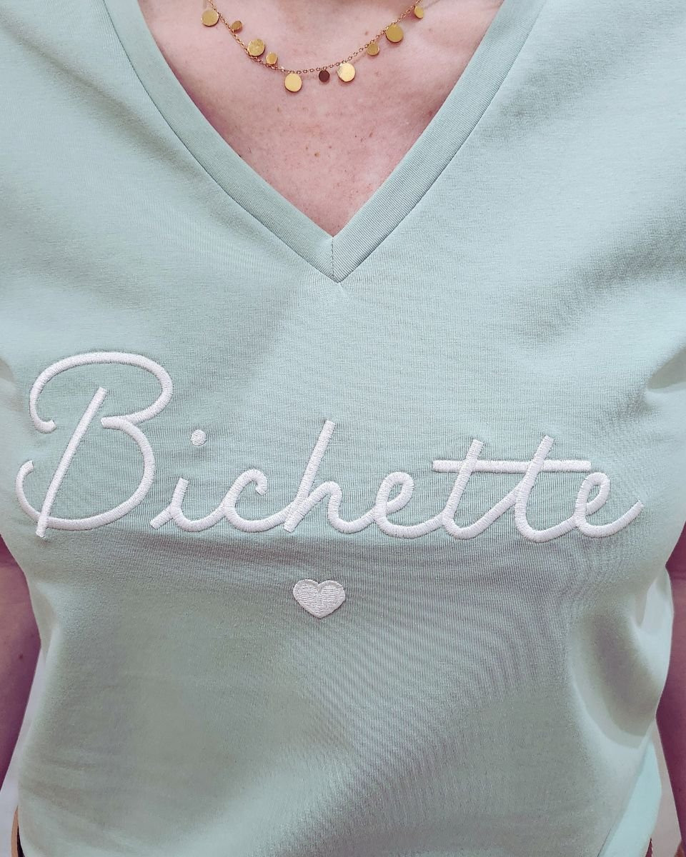 T-Shirt femme vert agate broderie bichette blanche