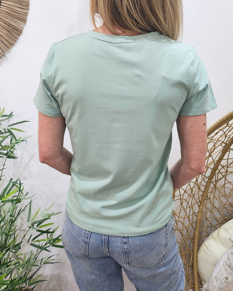 T-Shirt femme vert agate broderie bichette blanche