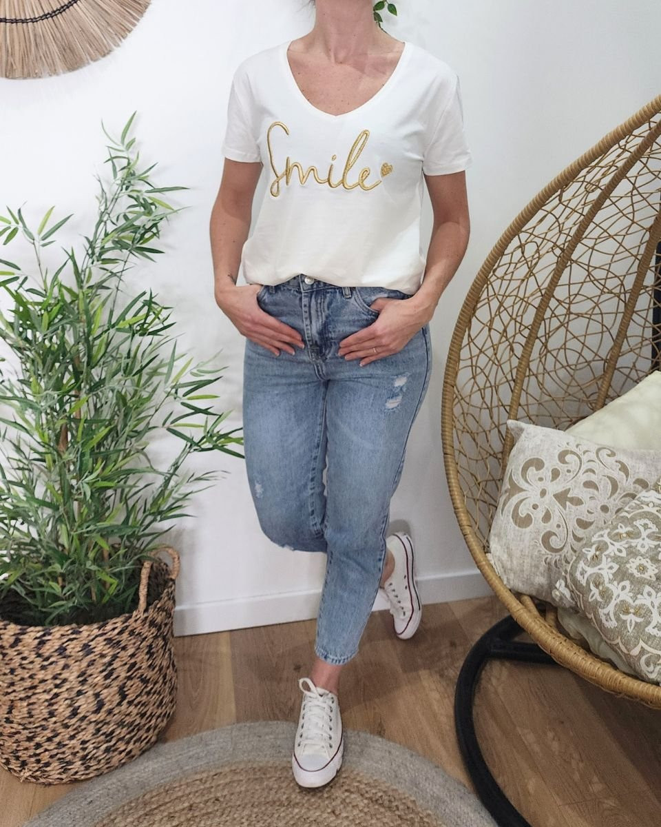 T-Shirt femme blanc broderie smile dorée