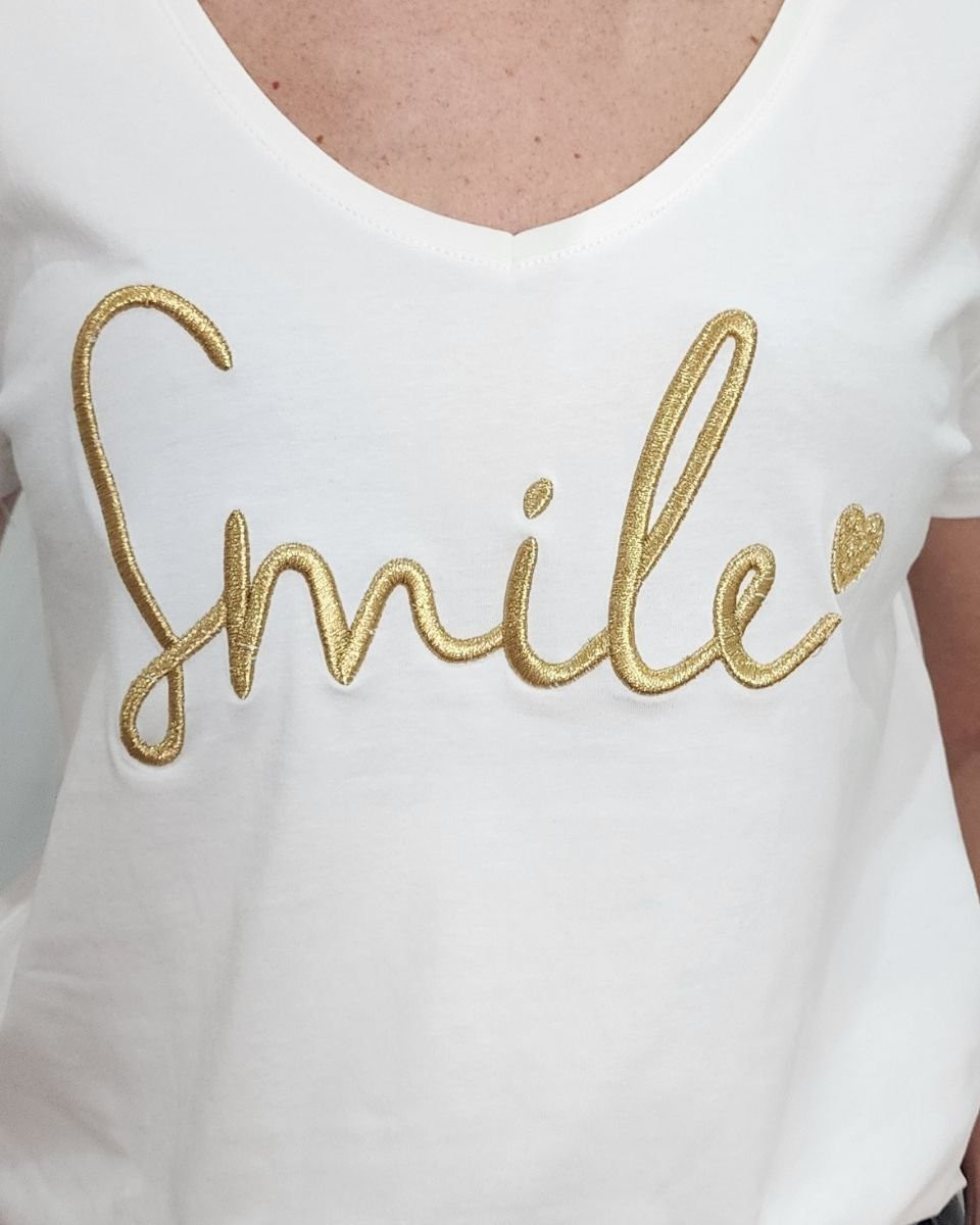 T-Shirt femme blanc broderie smile dorée