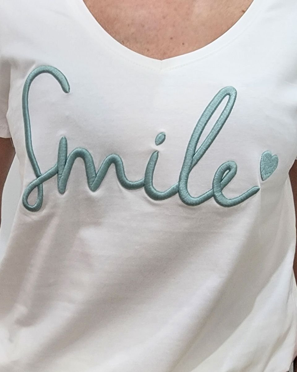 T-Shirt femme blanc broderie smile vert agate