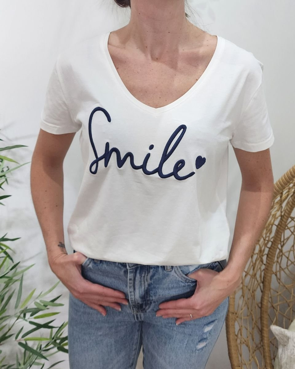 T-Shirt femme blanc broderie smile bleu marine