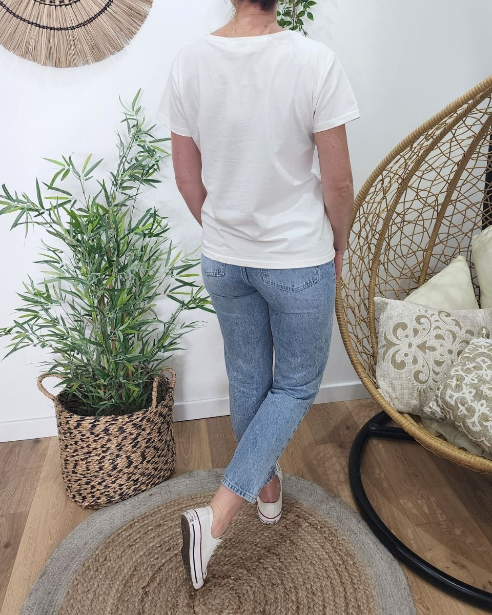 T-Shirt femme blanc broderie smile bleu marine