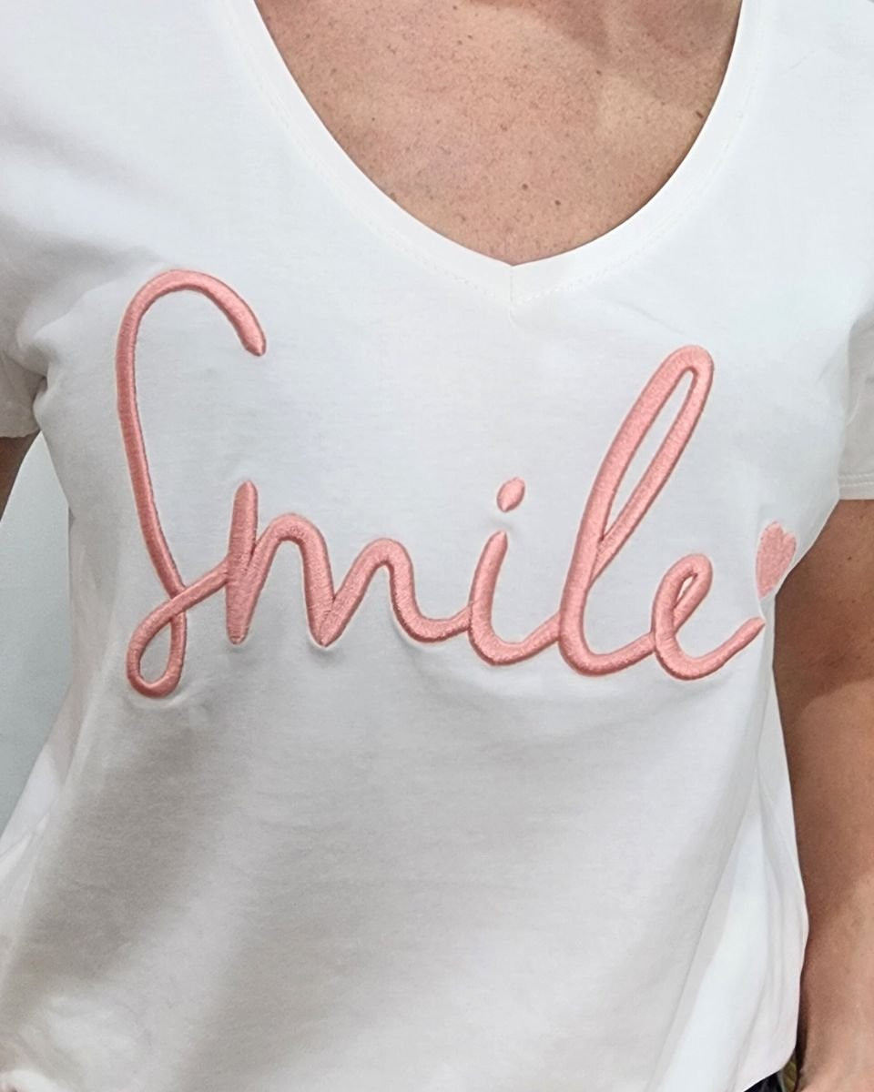 T-Shirt femme blanc broderie smile rose poudré