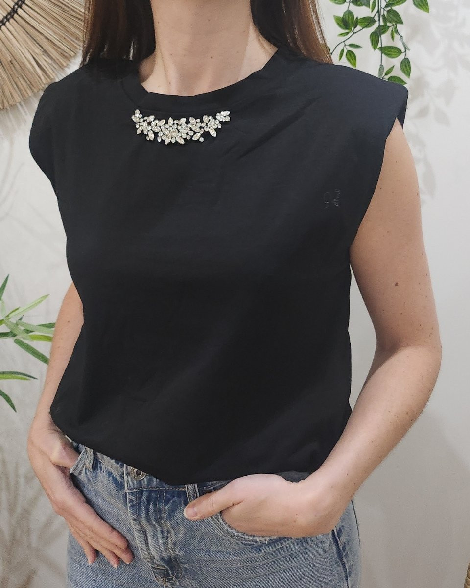 T-Shirt femme noir sans manches avec épaulettes