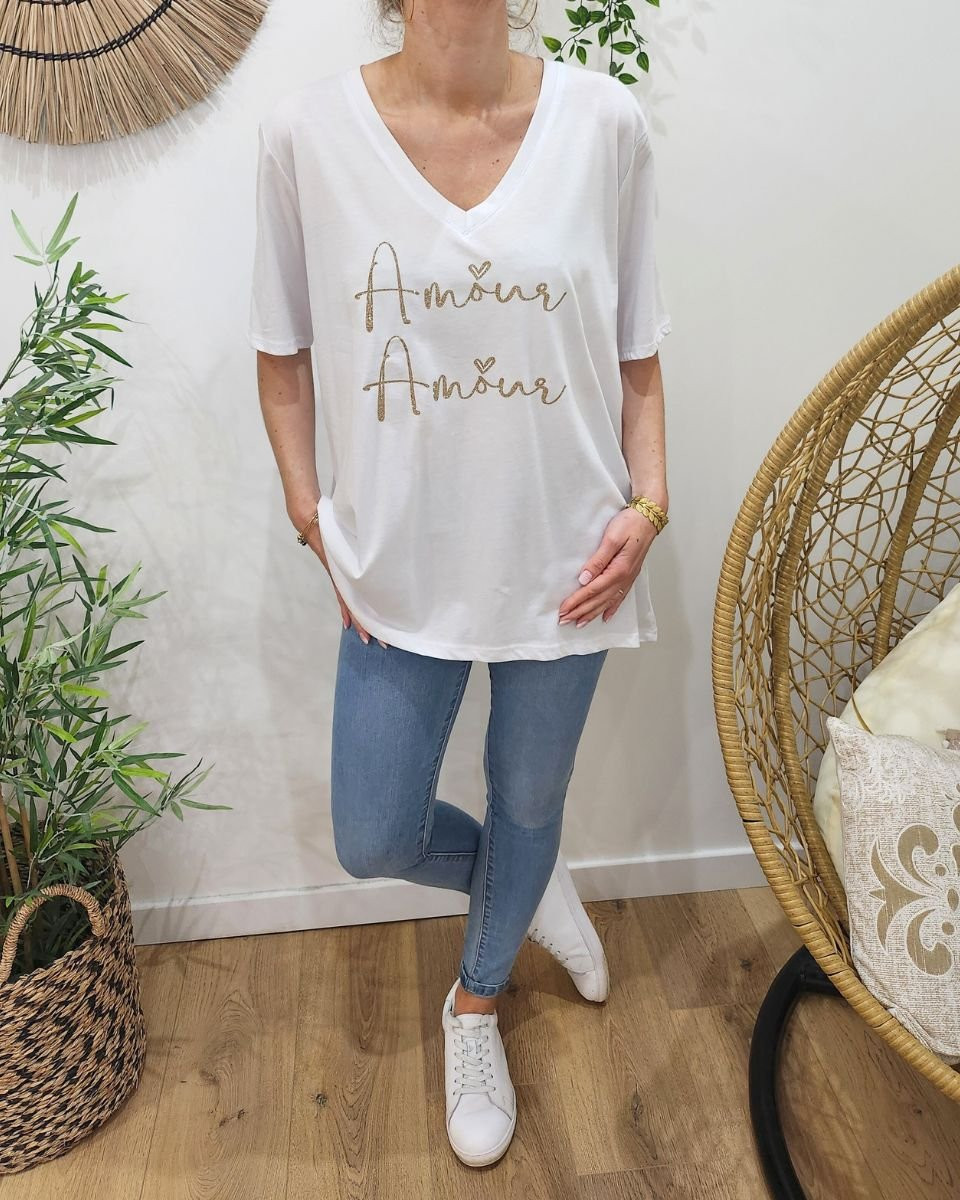 T-Shirt oversize femme blanc Amour Amour doré