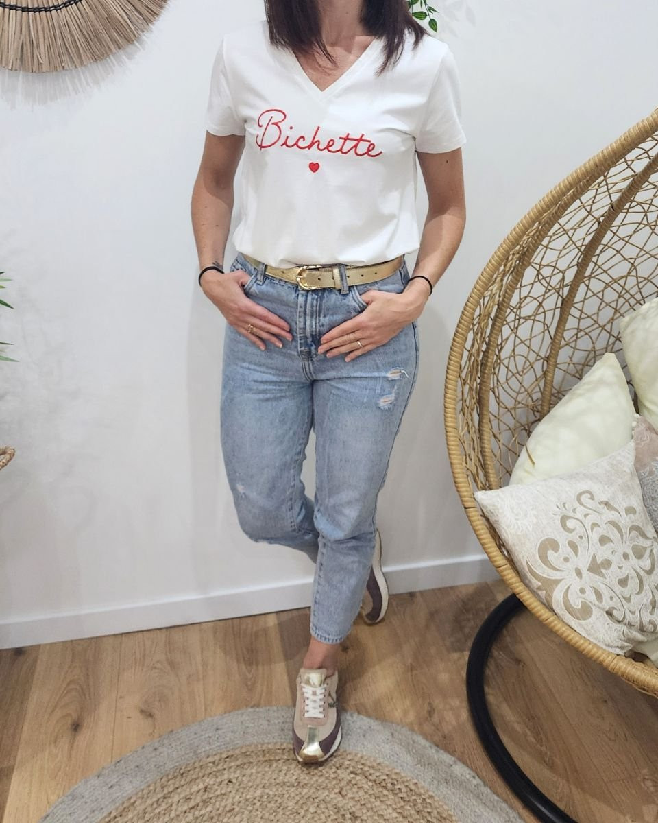 T-Shirt femme écru broderie bichette rouge