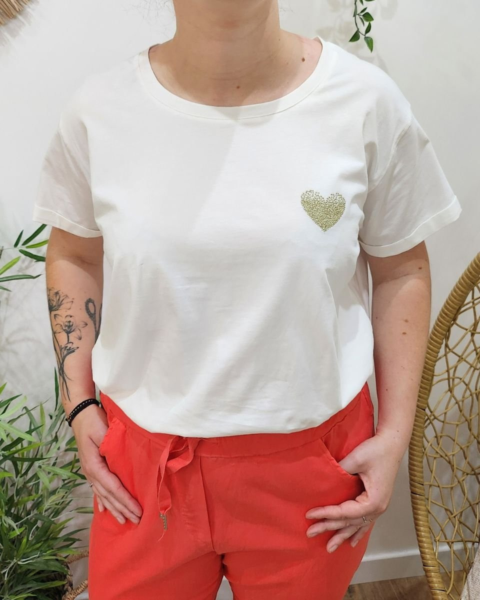 T-Shirt blanc broderie coeur dégradé doré