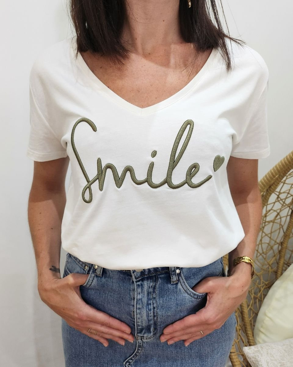 T-Shirt femme blanc broderie smile kaki