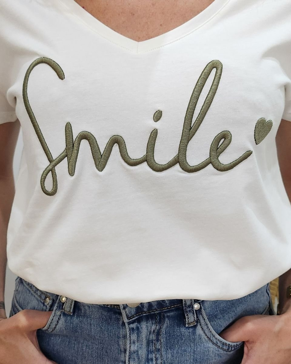 T-Shirt femme blanc broderie smile kaki
