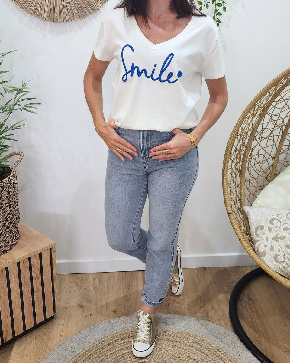 T-Shirt femme blanc broderie smile bleu roi