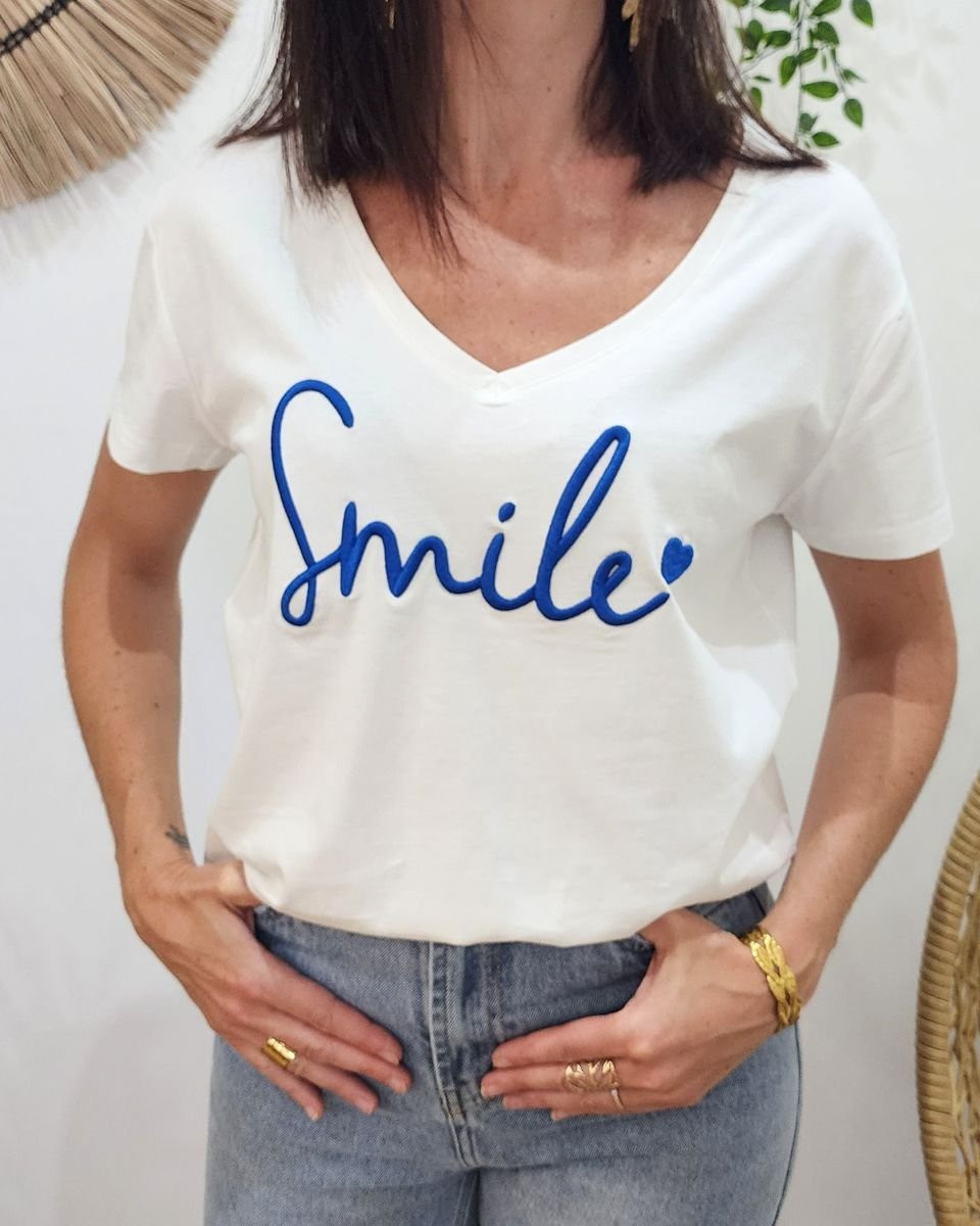 T-Shirt femme blanc broderie smile bleu roi