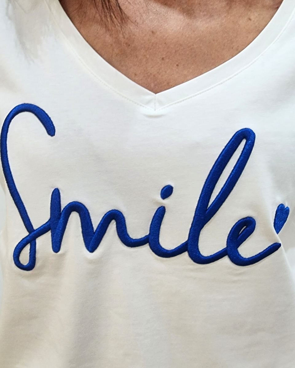 T-Shirt femme blanc broderie smile bleu roi