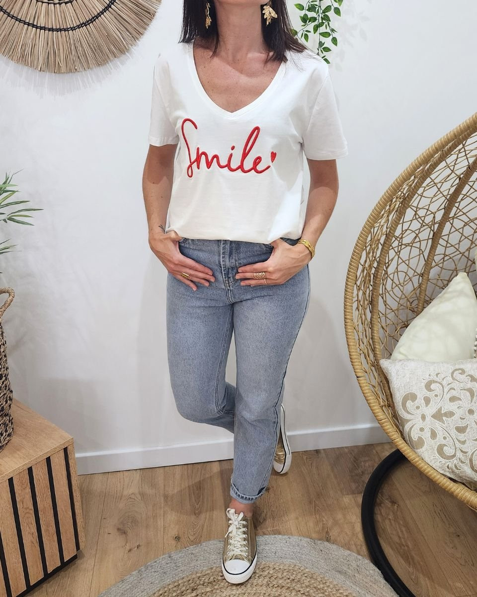 T-Shirt femme blanc broderie smile rouge