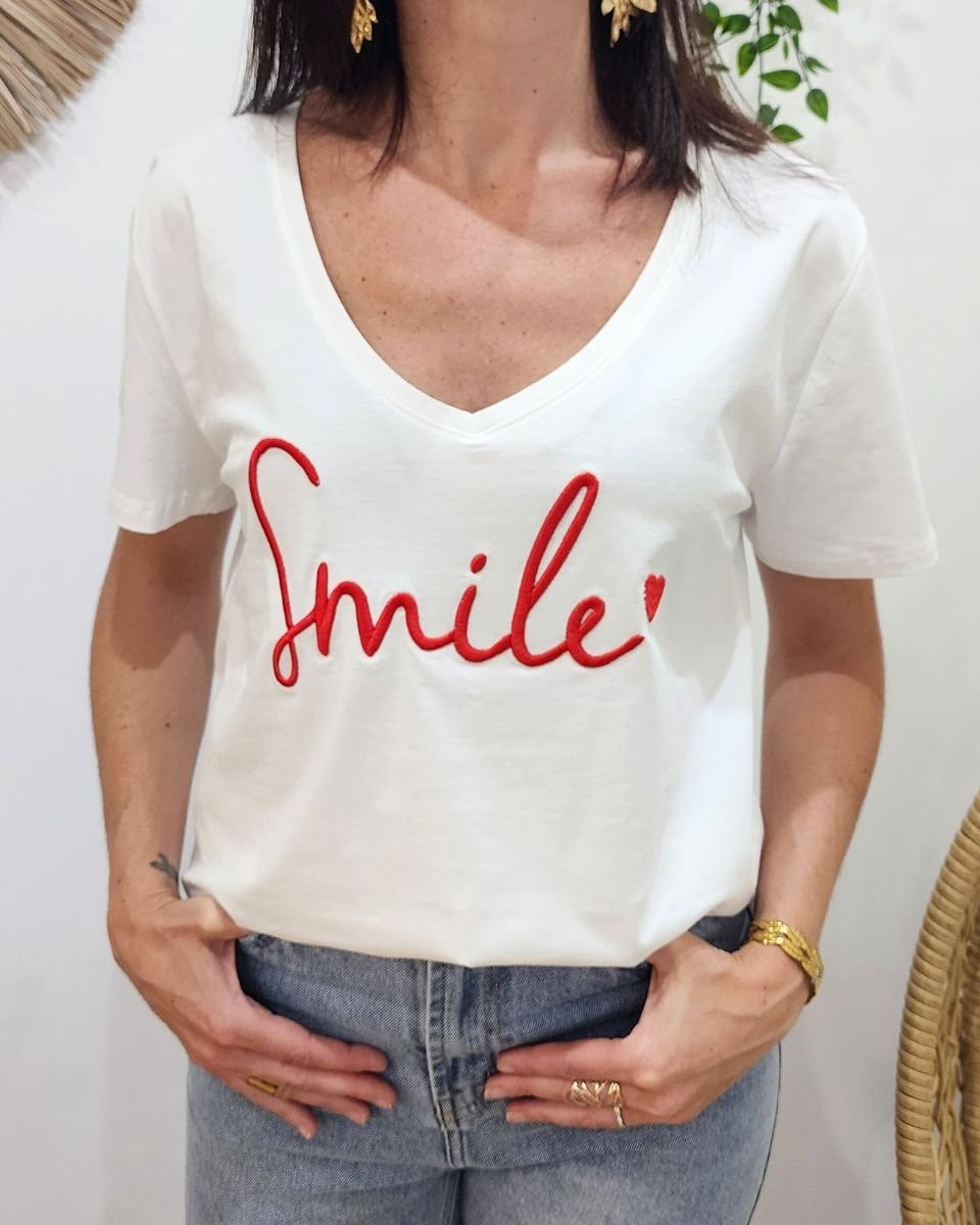 T-Shirt femme blanc broderie smile rouge