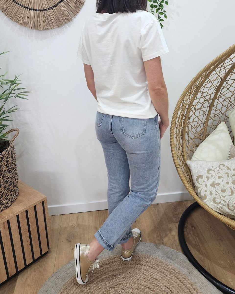 T-Shirt femme blanc broderie smile rouge