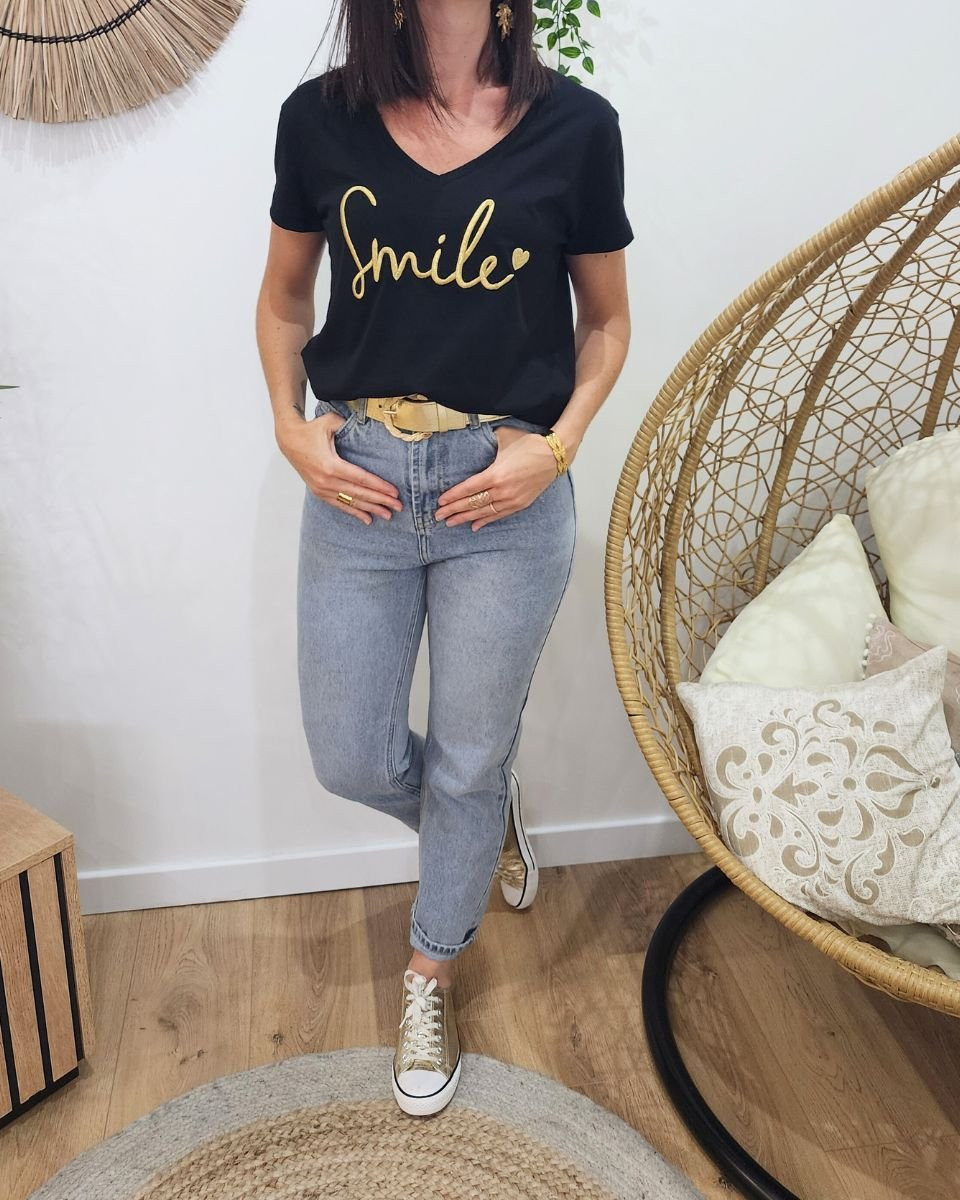 T-Shirt femme noir broderie smile doré