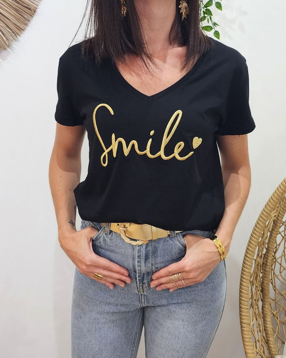 T-Shirt femme noir broderie smile doré