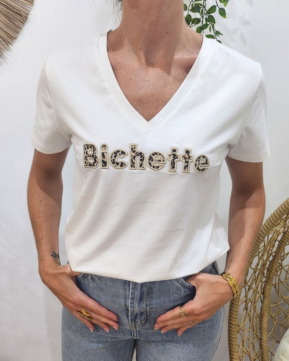 T-shirt femme blanc broderie bichette léopard