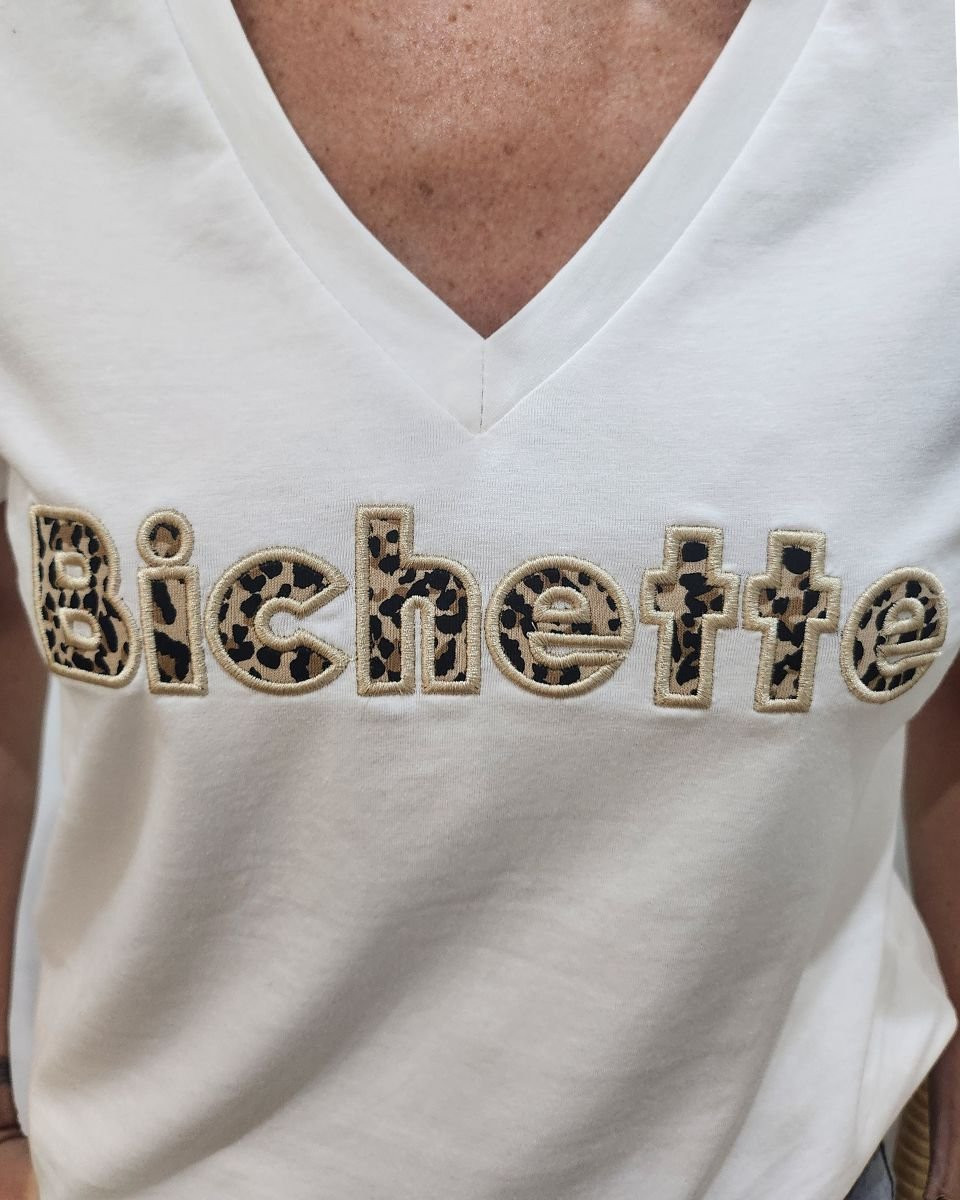 T-shirt femme blanc broderie bichette léopard