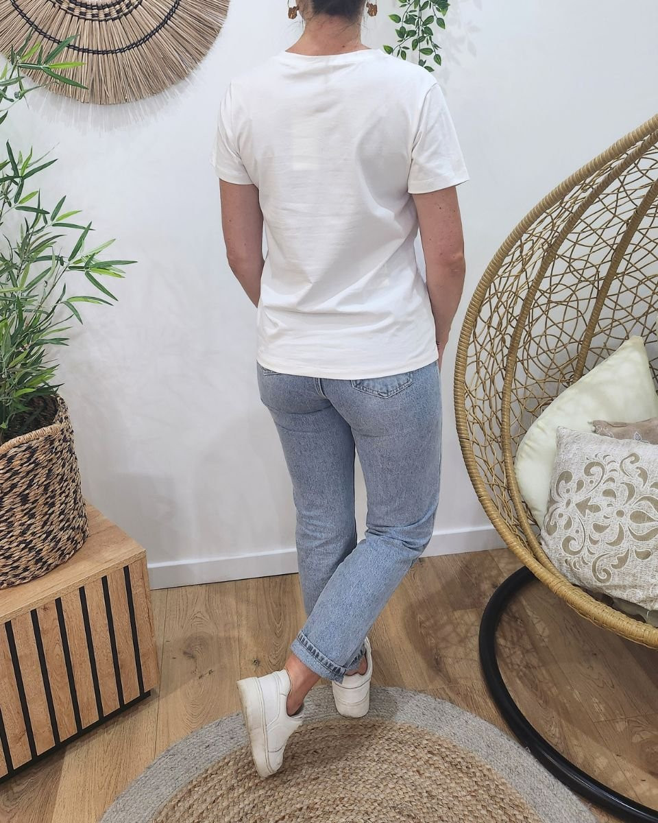 T-shirt femme blanc broderie bichette léopard
