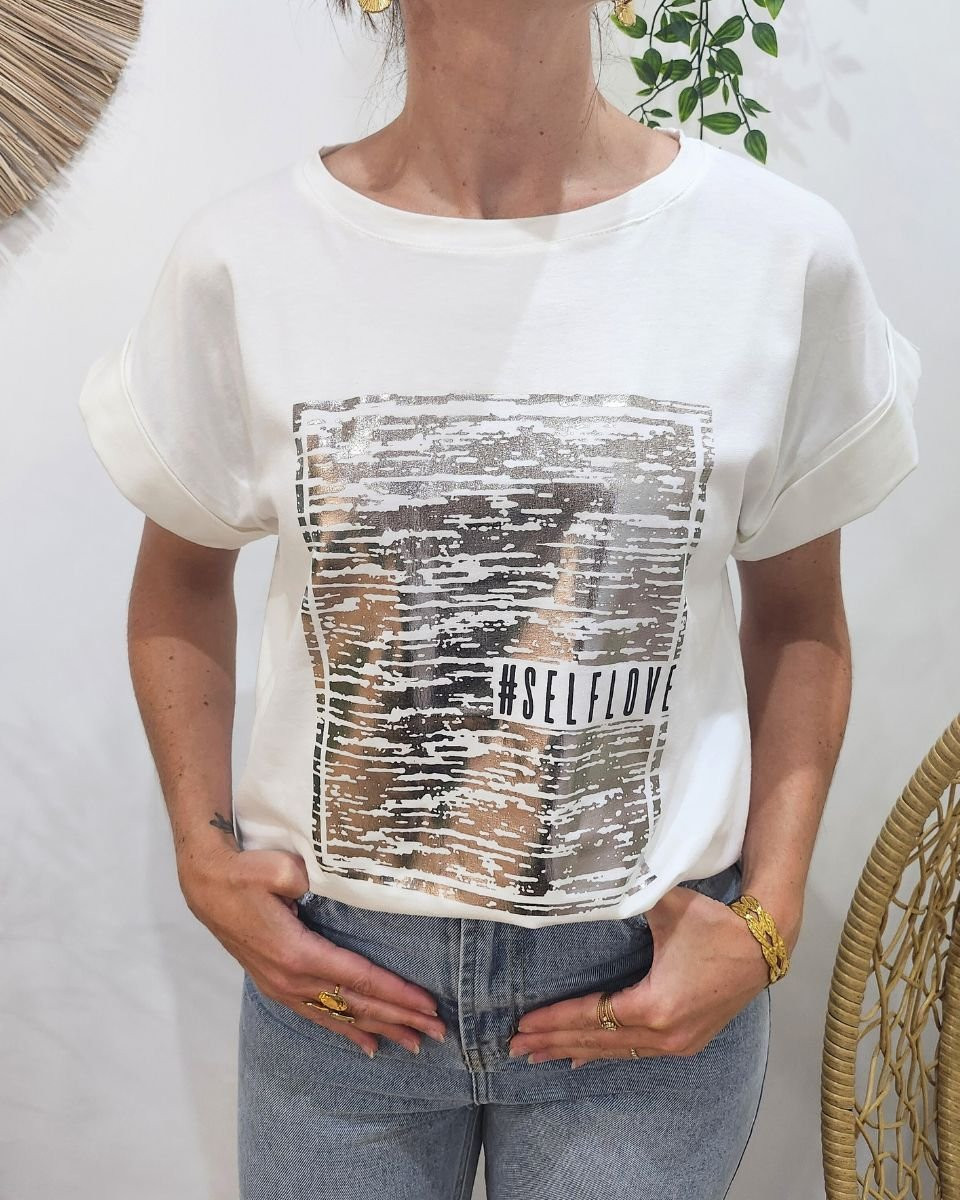 T-shirt femme blanc #selflove argent
