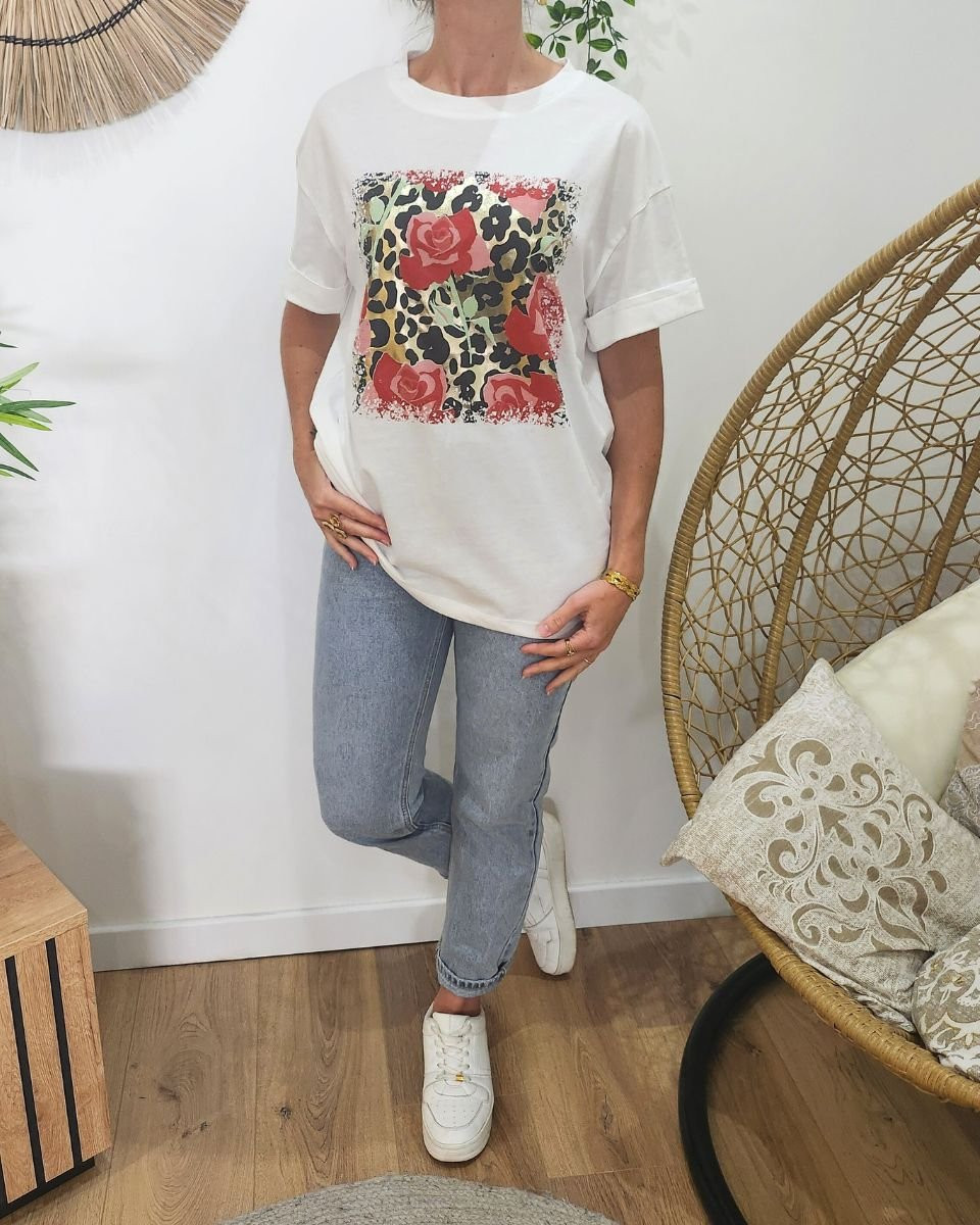 T-shirt femme blanc léopard doré et roses rouges