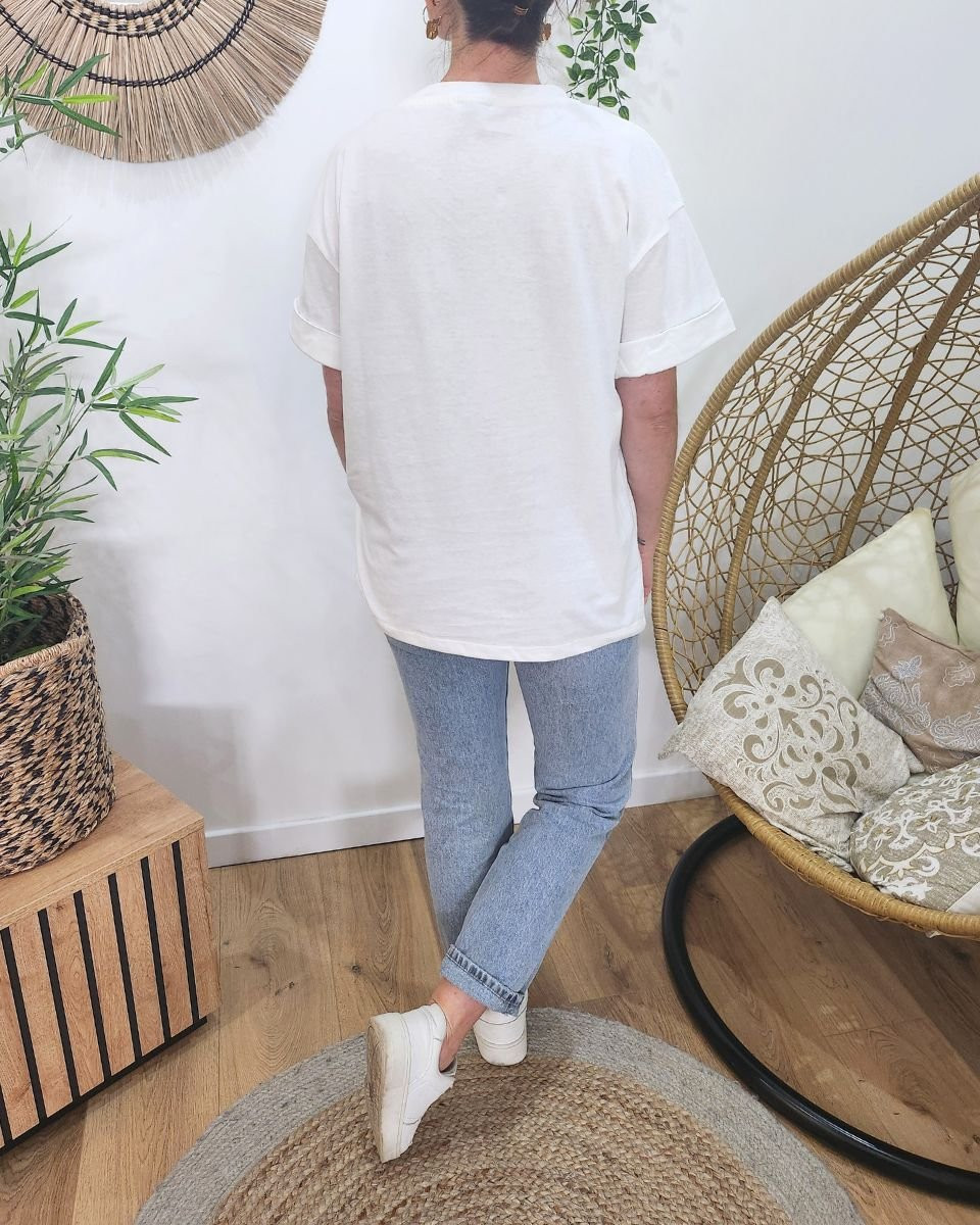 T-shirt femme blanc léopard doré et roses rouges