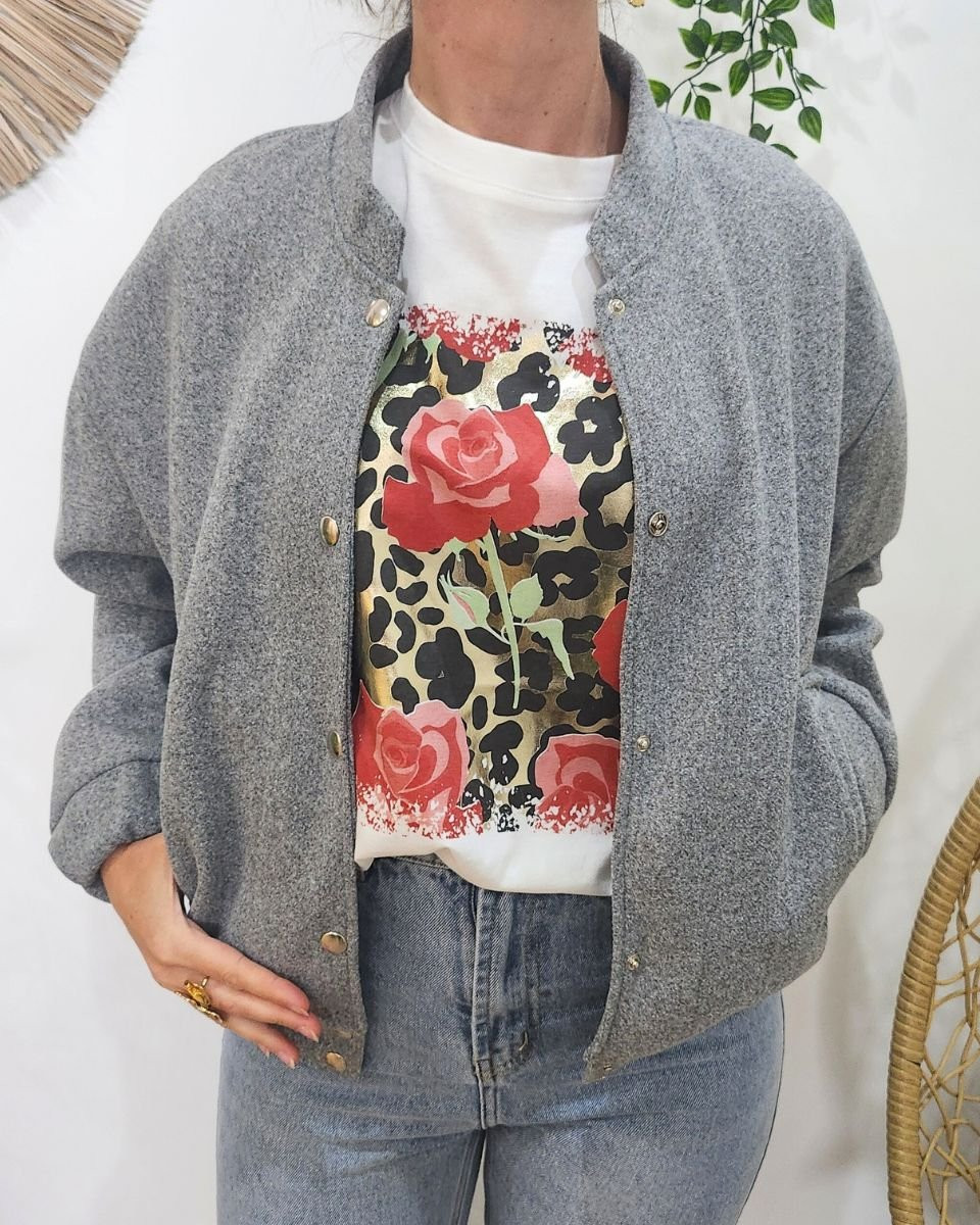 T-shirt femme blanc léopard doré et roses rouges