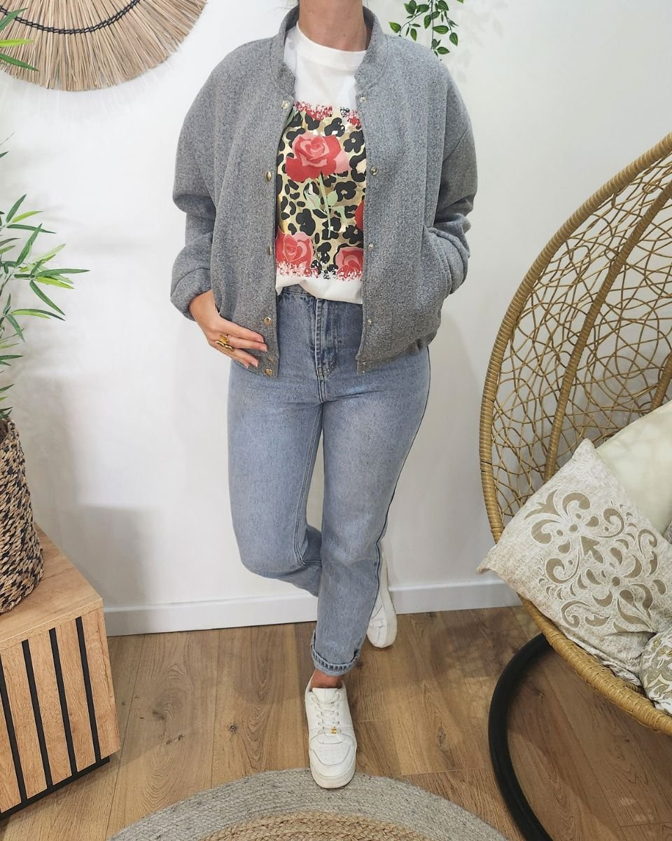 T-shirt femme blanc léopard doré et roses rouges