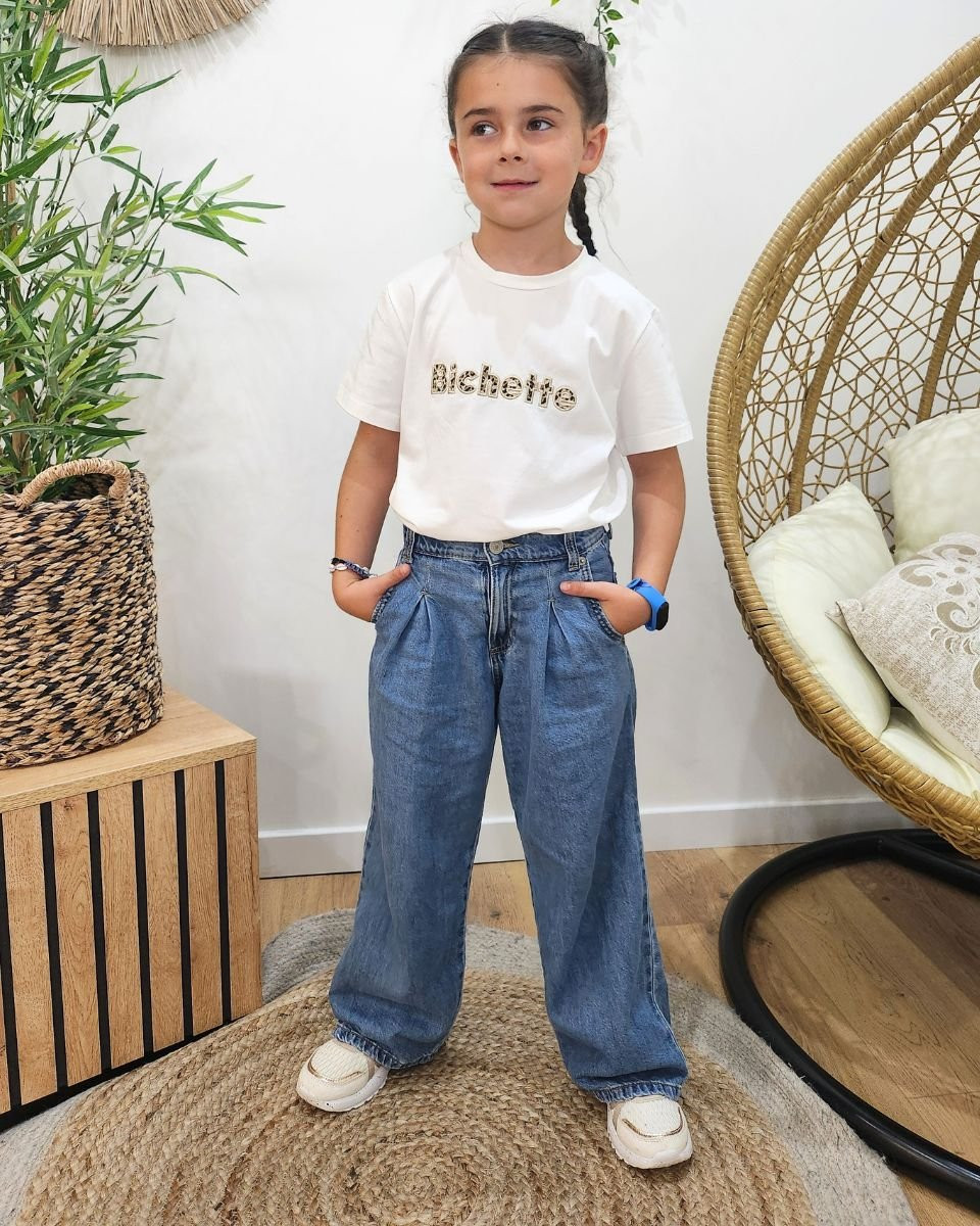 T-Shirt enfant ecru broderie bichette léopard