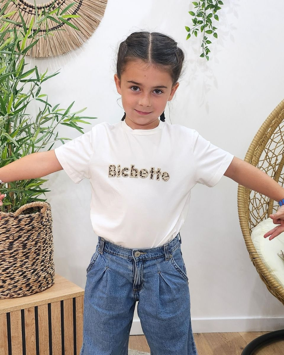 T-Shirt enfant ecru broderie bichette léopard