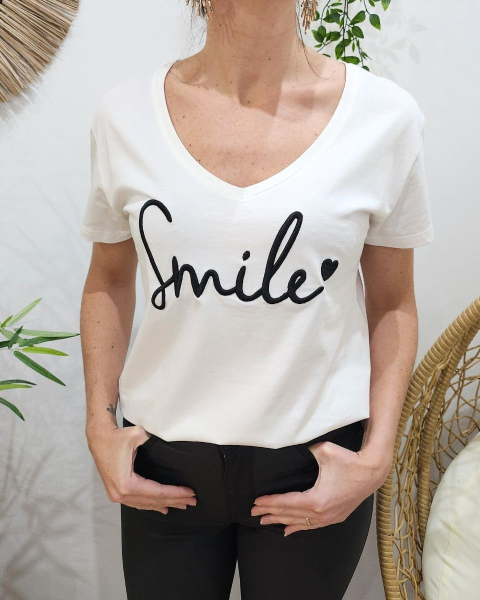 T-Shirt femme blanc broderie smile noir