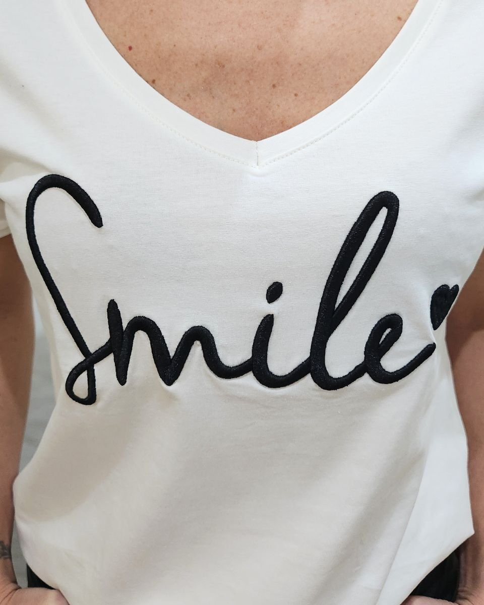 T-Shirt femme blanc broderie smile noir