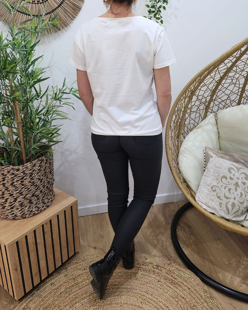 T-Shirt femme blanc broderie smile noir