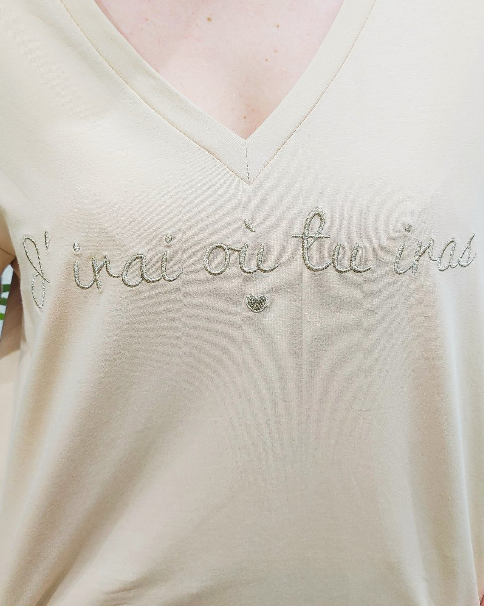 T-Shirt femme beige J'irai où tu iras doré
