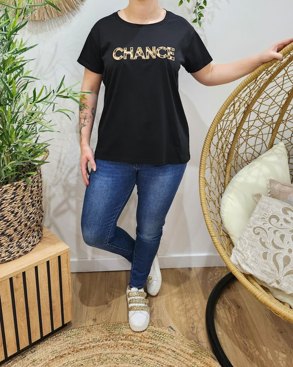 T-shirt noir femme broderie Chance léopard