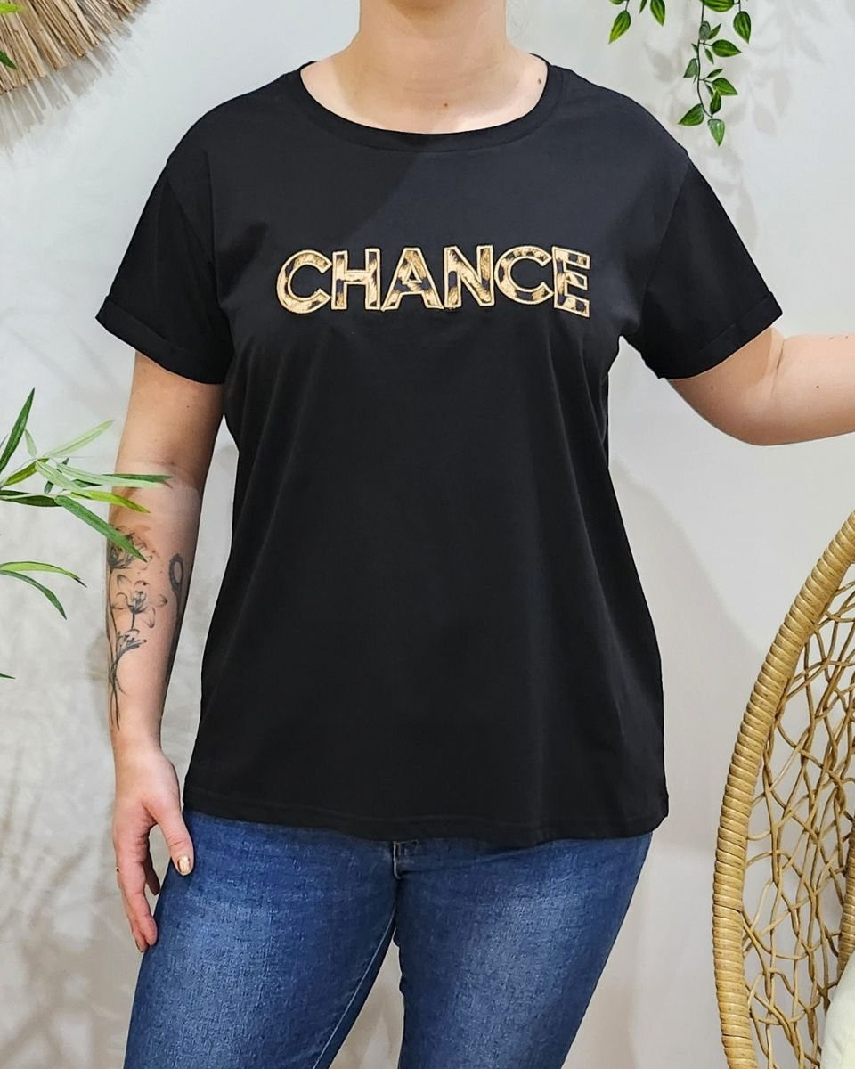 T-shirt noir femme broderie Chance léopard
