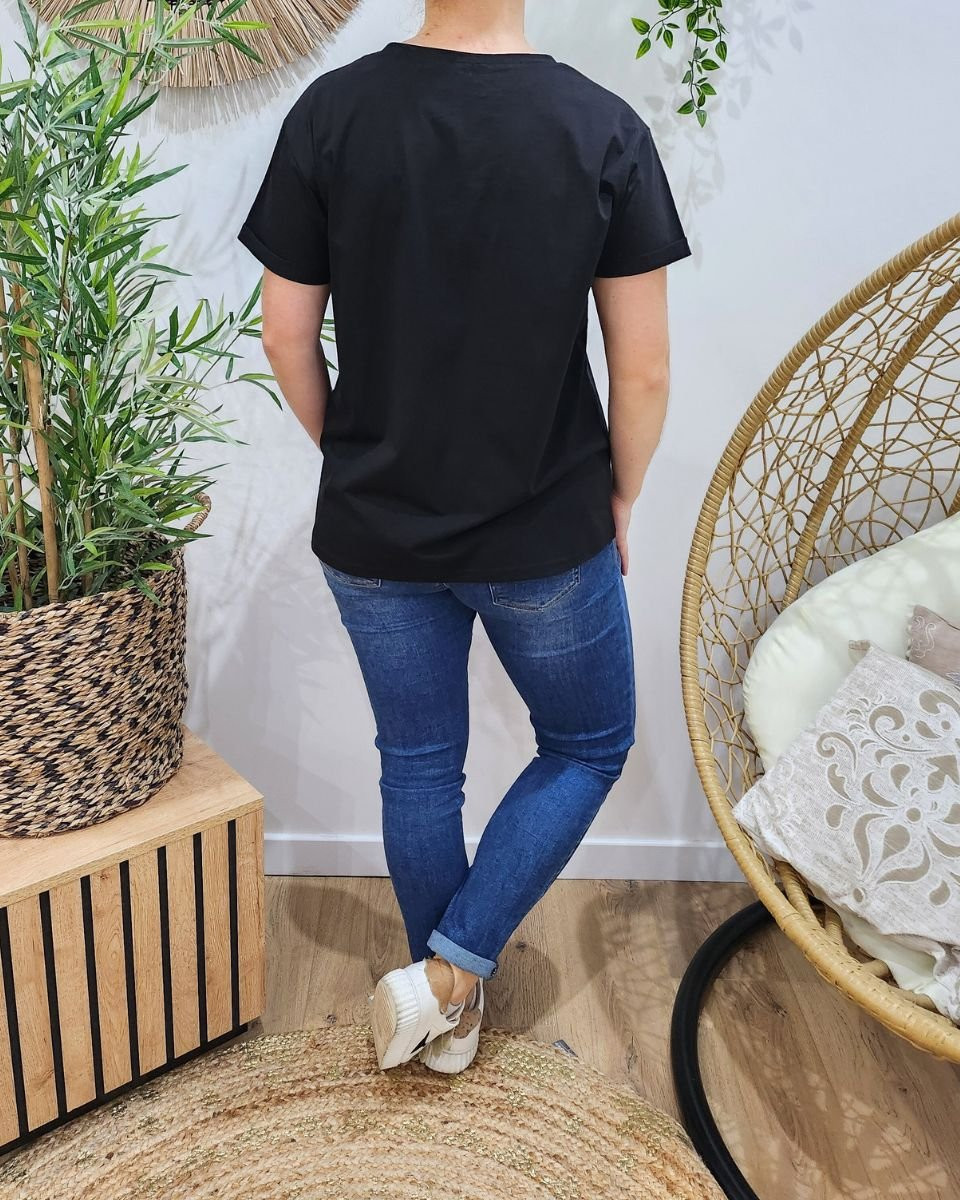 T-shirt noir femme broderie Chance léopard