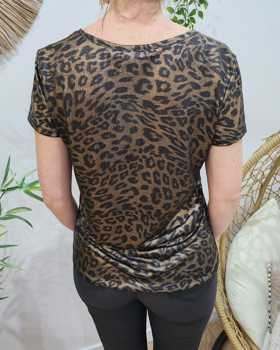 T-shirt femme métallisé léopard cuivré