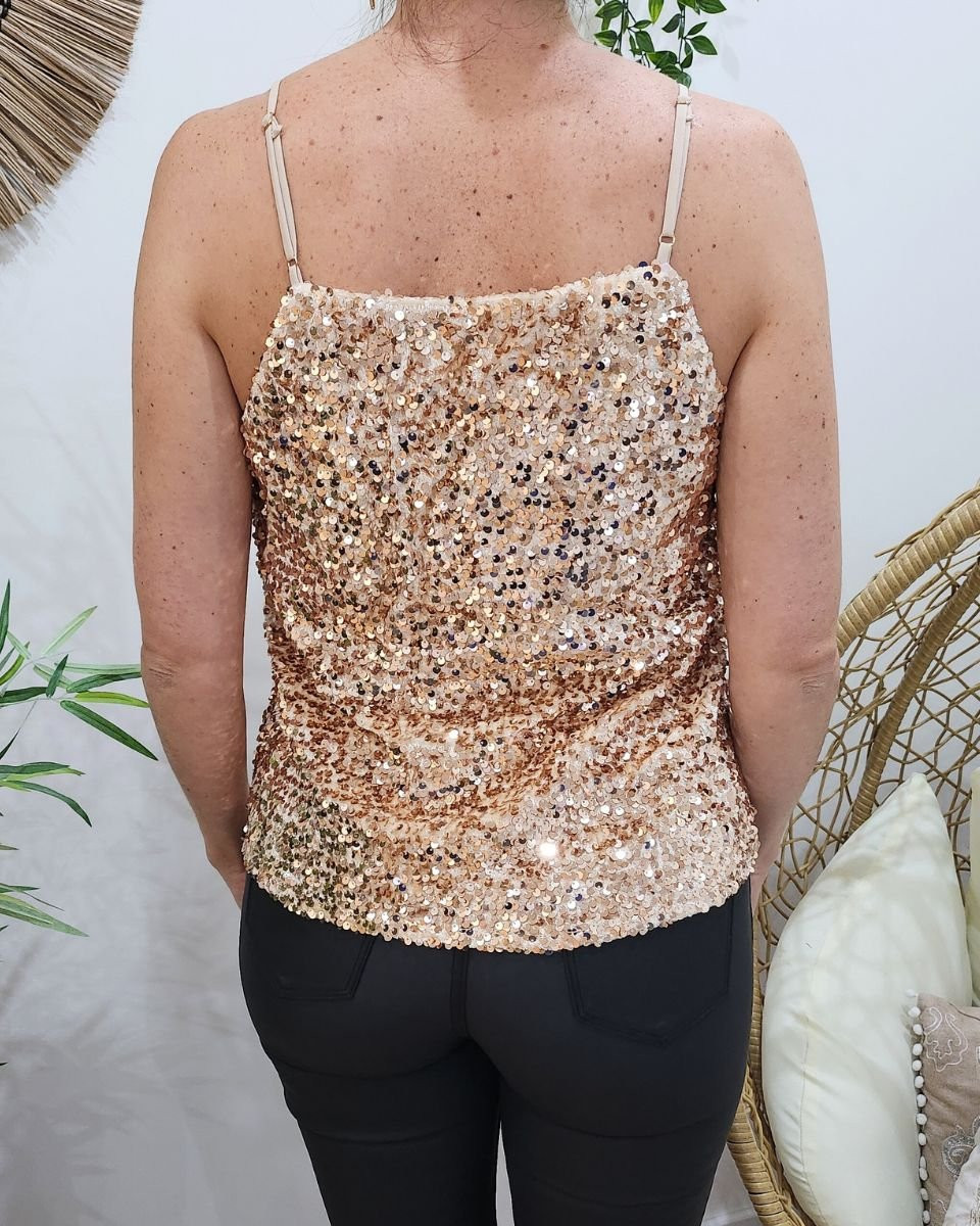 Top femme beige à sequins cuivrés Amal