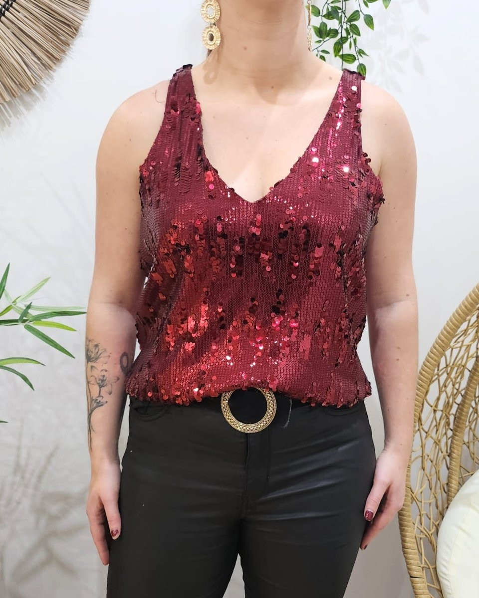 Top femme rouge bordeaux à sequins Cassiane