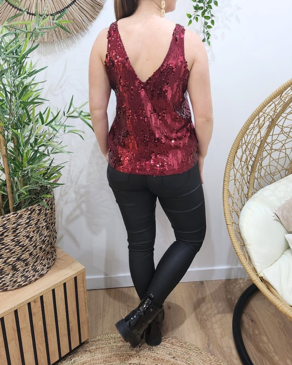 Top femme rouge bordeaux à sequins Cassiane