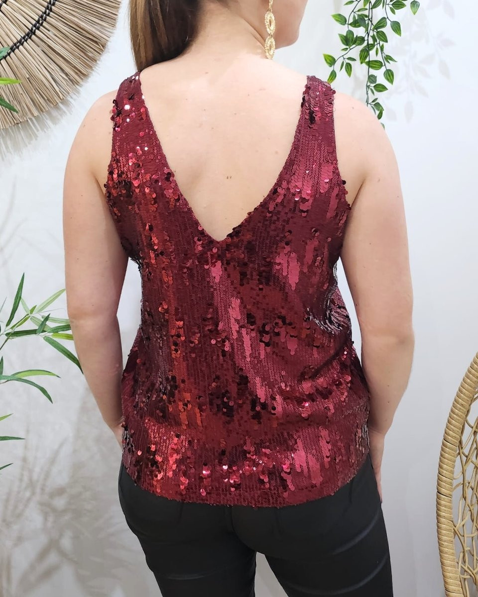 Top femme rouge bordeaux à sequins Cassiane