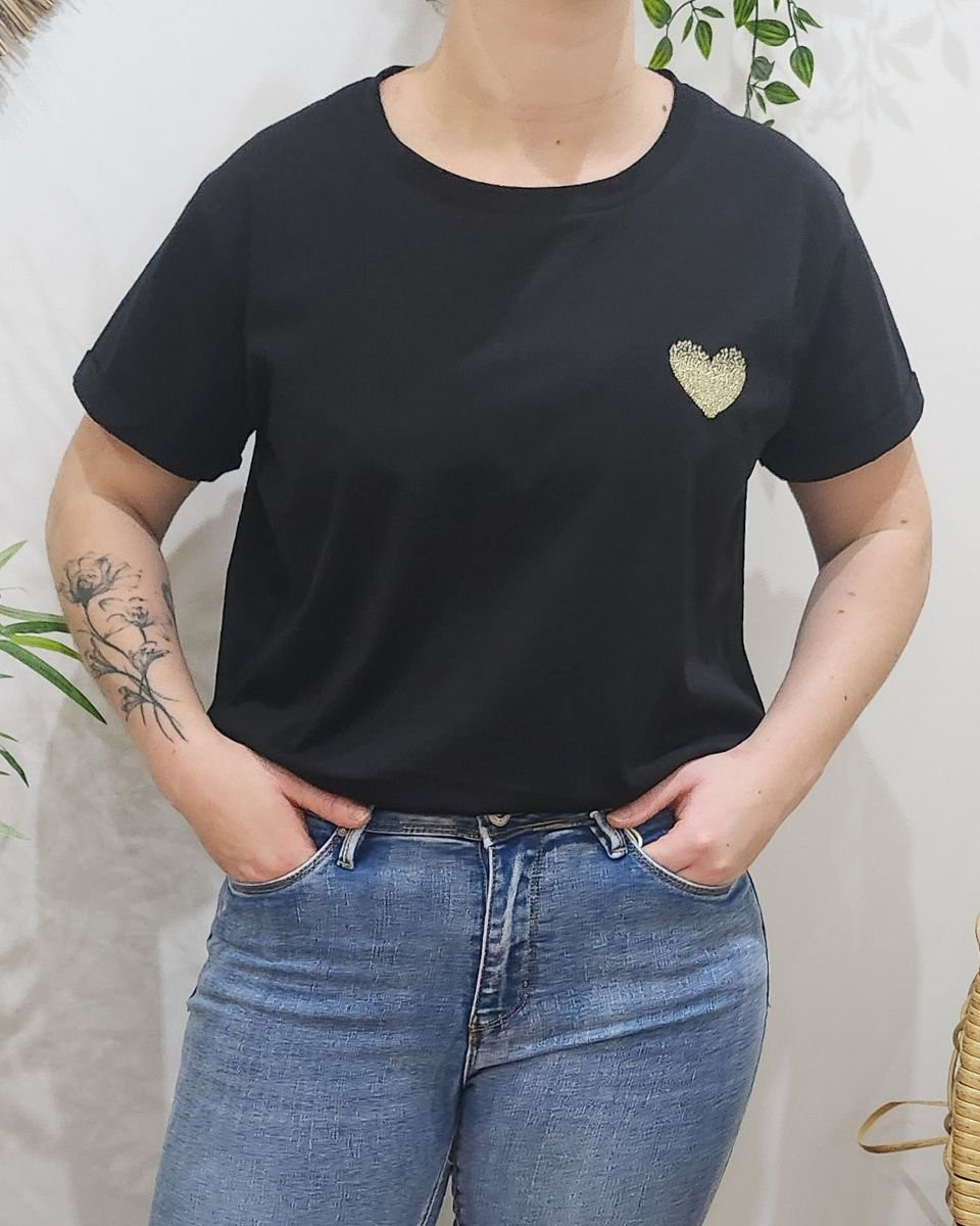 T-Shirt noir broderie coeur dégradé doré