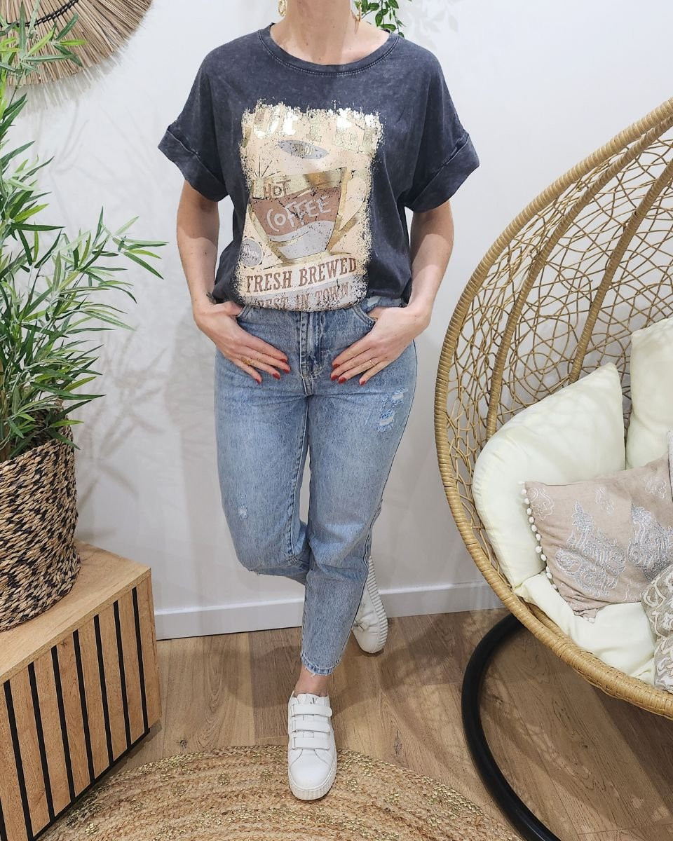 T-shirt femme gris délavé Coffee