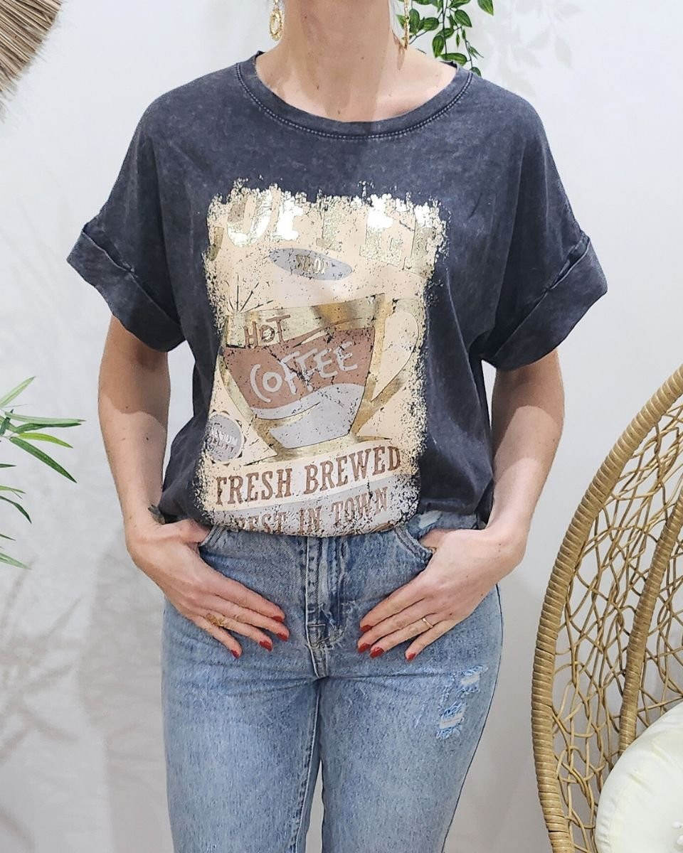 T-shirt femme gris délavé Coffee
