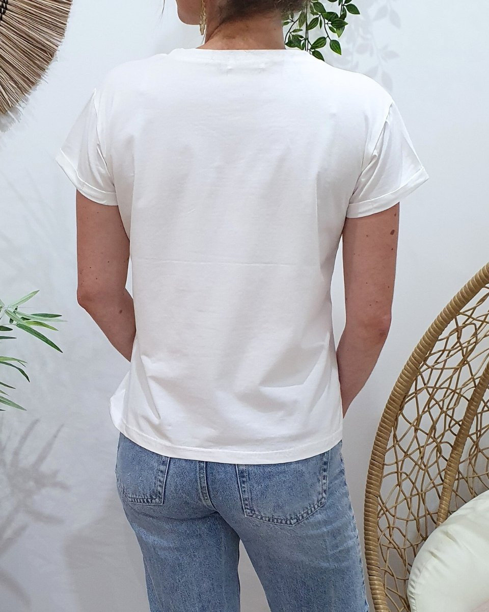 T-Shirt femme blanc CHANCE vert fleurs roses