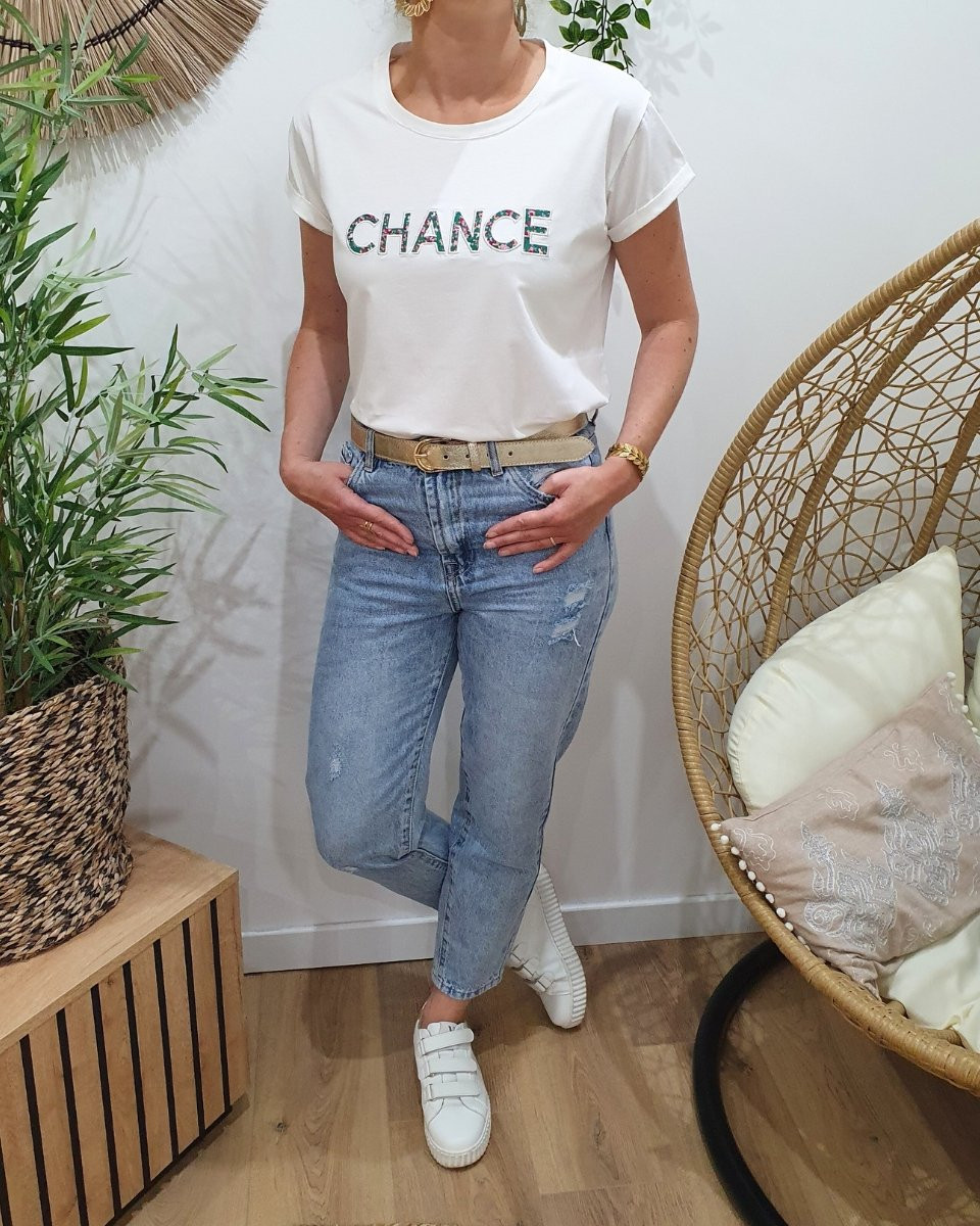 T-Shirt femme blanc CHANCE vert fleurs roses