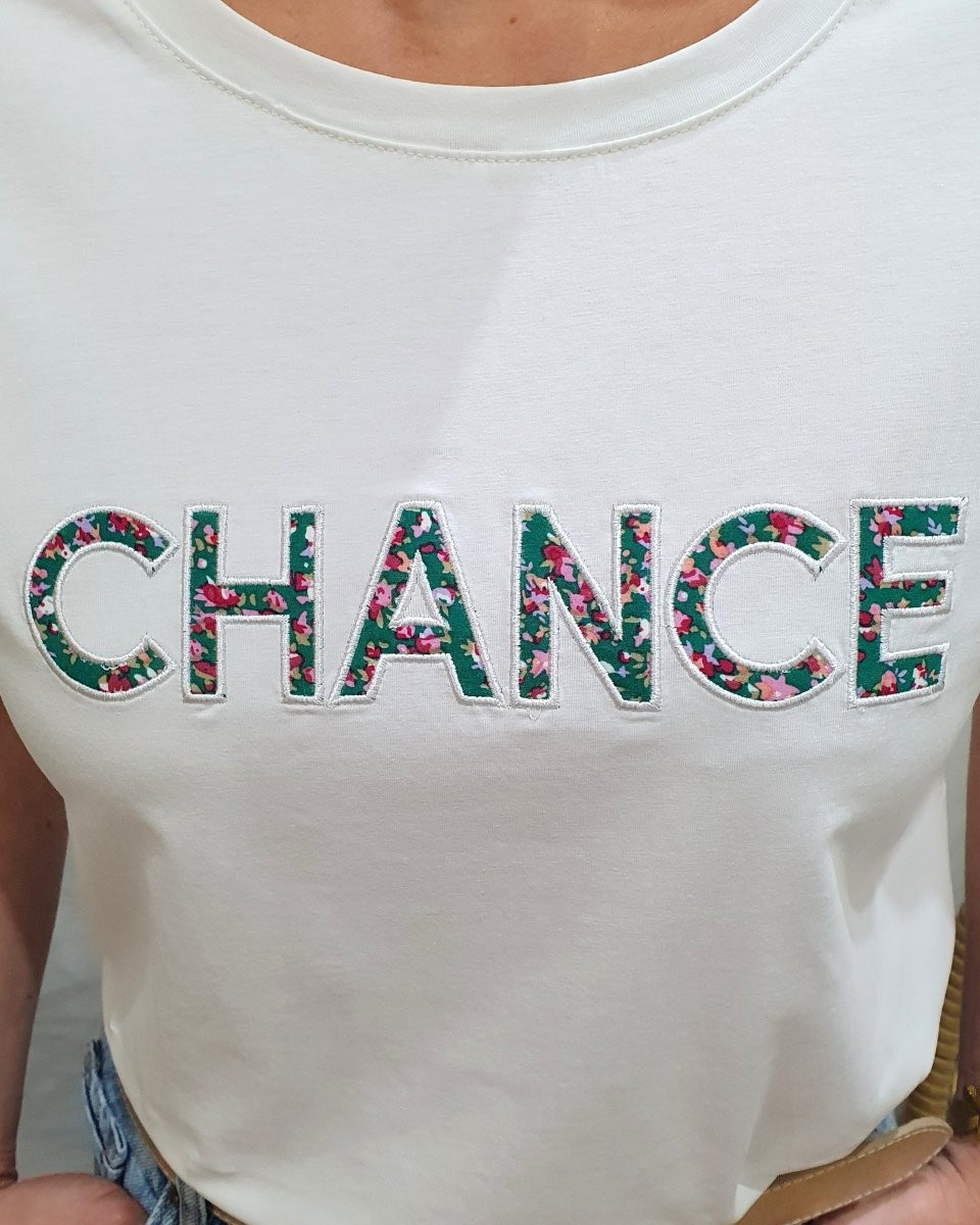 T-Shirt femme blanc CHANCE vert fleurs roses